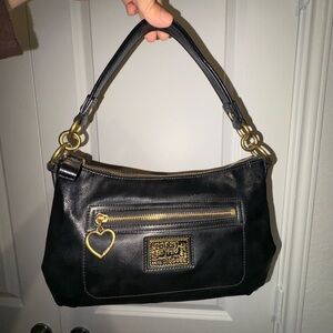 Coach Poppy Black Leather Shoulder Bag with Heart Charm - Coach